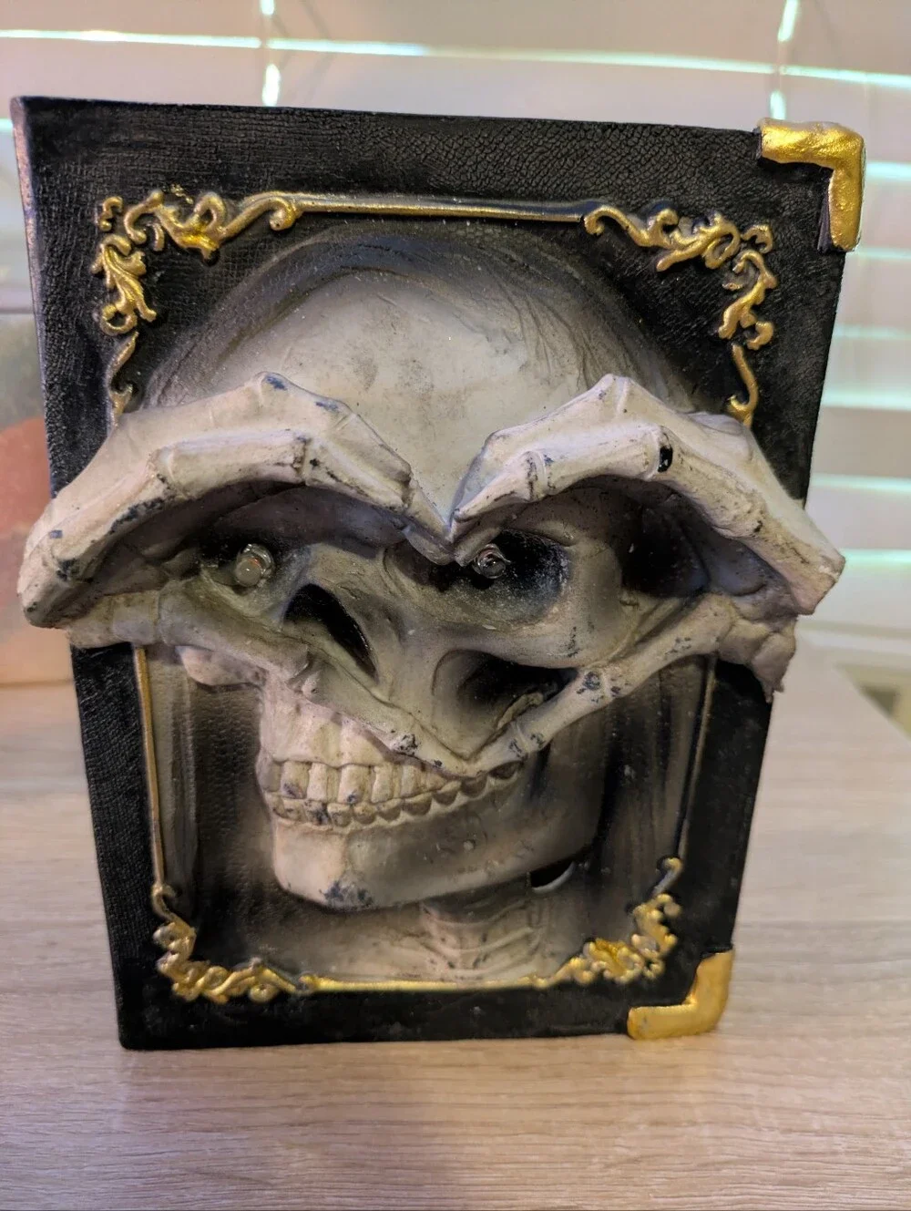 Vintage Gothic Skull Light Up Red Eyes Halloween Book Decor 6x7.5